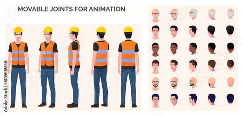 Construction Worker, Engineer Character Creation Pack with Man Wearing Safety Vest, googles and Blue Jeans, Various Ethnicities and Races