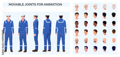 Engineer, repairman Character Creation pack With Man wearing Blue Coverall, and Safety Helmet, googles, Various Ethnicities and Races mechanic, plumber