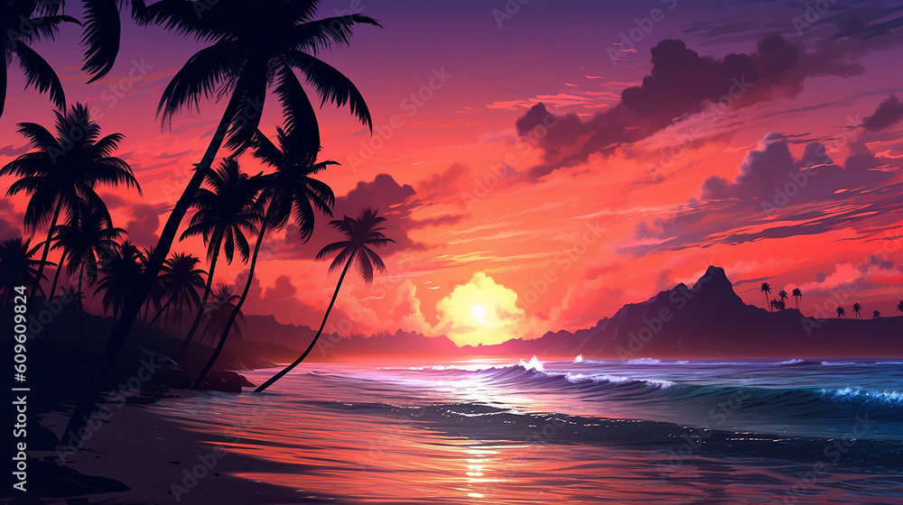 Paradise palms Hawaii silhouette sea. generative AI