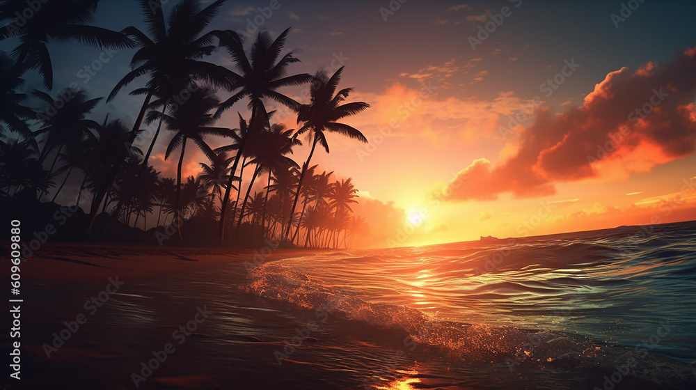 Paradise palms Hawaii silhouette sea. beautiful nature background 
