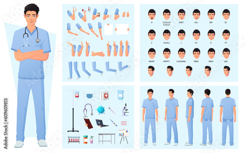 Character Constructor With Nurse, Doctor, Face Expressions, Emotions, Various Hand Gestures Front, side and Back view