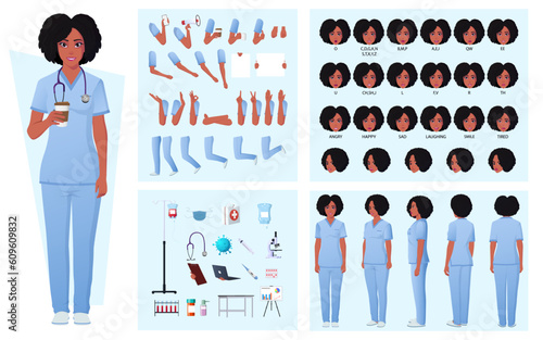 Nurse, Doctor Character Constructor with African American Woman, Face Expressions, Emotions, Hand Gestures, Poses and Medical Equipment