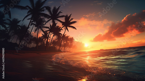 Paradise palms Hawaii silhouette sea. beautiful nature background  © Aura