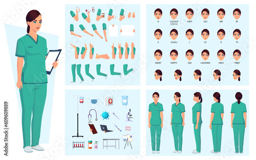 Nurse, Doctor Woman Character Creation Pack with Gestures, Face Expressions, Hospital Equipment and Medical Supplies.