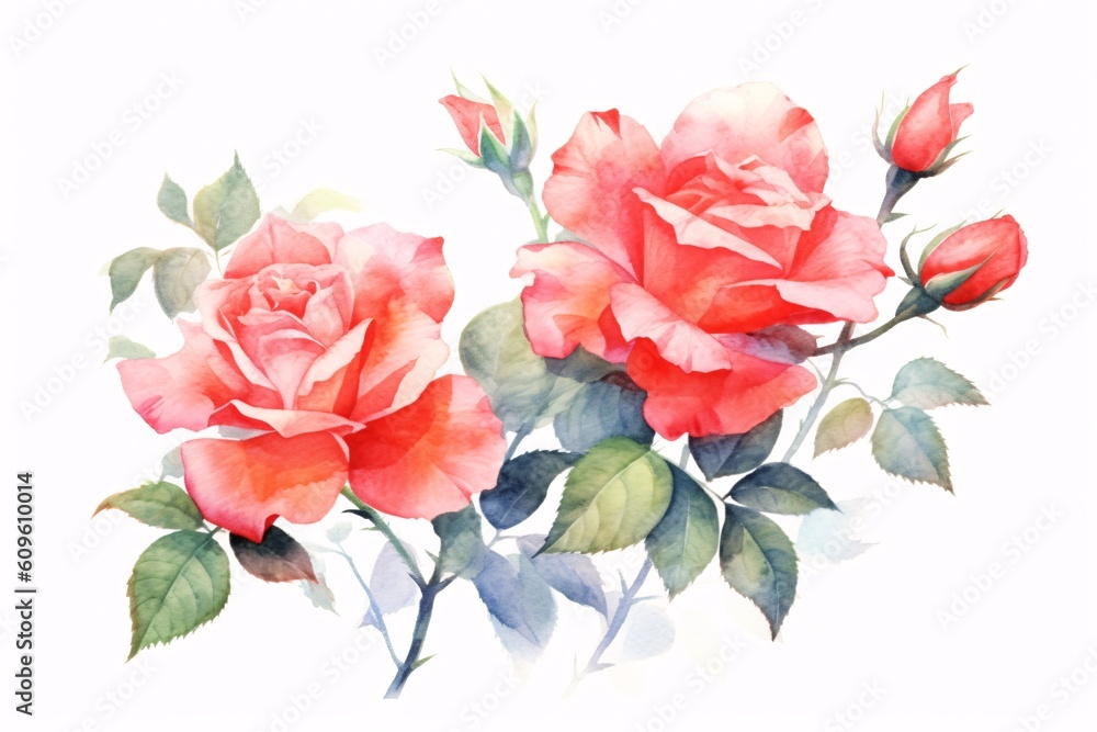 Flowers roses, branches, leaves and buds on an isolated white background, watercolor illustration, floral design. Generative Ai.