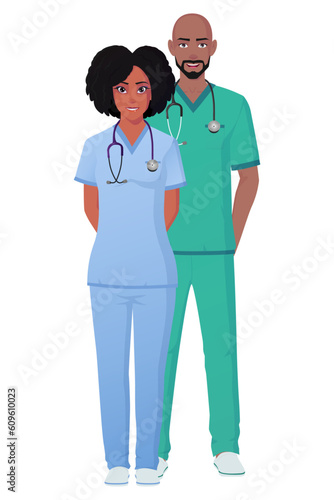 Male And Female Nurse, Doctor Character Standing and Wearing Scrubs Vector