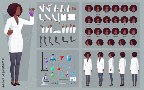 Woman Scientist Character Creation pack Chemist with Laboratory Equipment, Gestures, Poses, and Face Expressions with African American Woman Wearing White Lab Coat