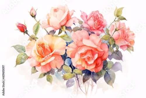 Flowers roses  branches  leaves and buds on an isolated white background  watercolor illustration  floral design. Generative Ai.