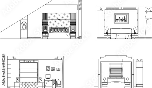 Vector sketch of bedroom interior design illustration along with furniture and furnishings 