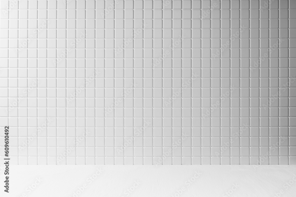 White abstract kitchen interior or scene mockup with white tiny tile wall, wood floor, gradient for display, presentation of cosmetics products, goods, design. Elegant stage in summer style. White abstract kitchen interior or scene mockup with white tiny tile wall, wood floor, gradient for display, presentation of cosmetics products, goods, design. Elegant stage in summer style.