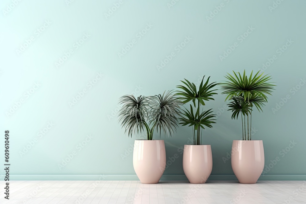 0239. Indoor plants in front of light pastel wall. Generative AI 0239. Indoor plants in front of light pastel wall. Generative AI