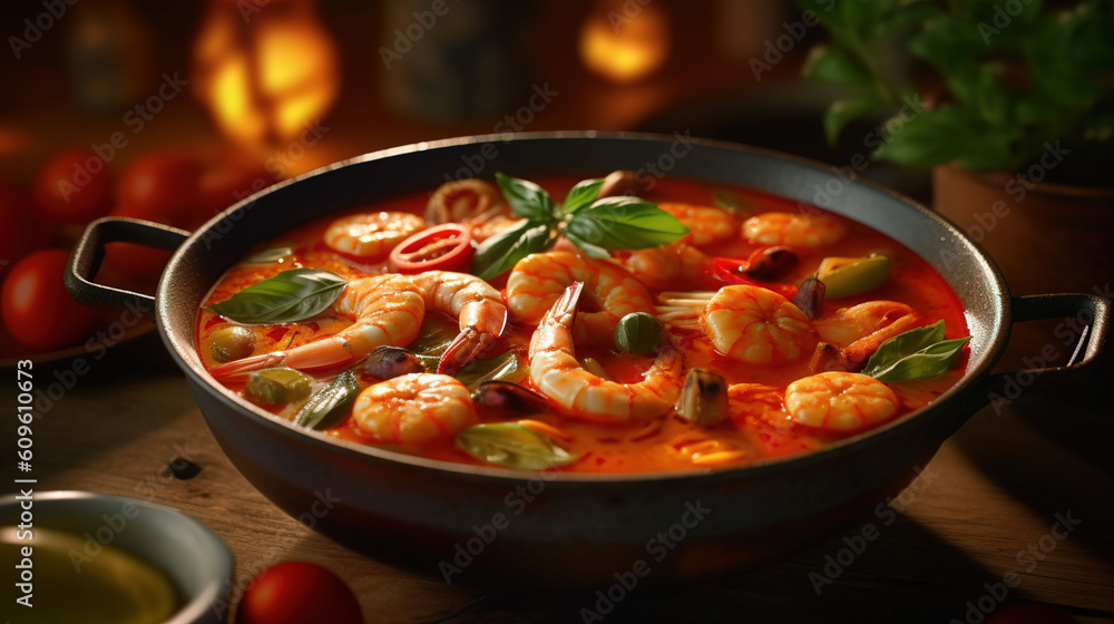 cooked shrimp in tomatoes and olives in a pot