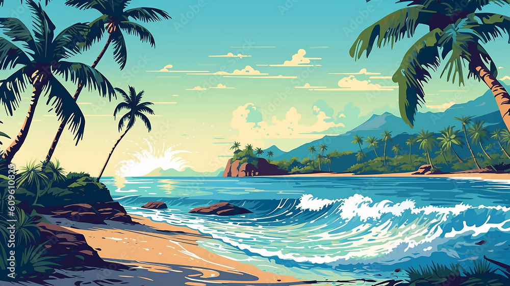 Illustration of a tropical beach paradise island. 