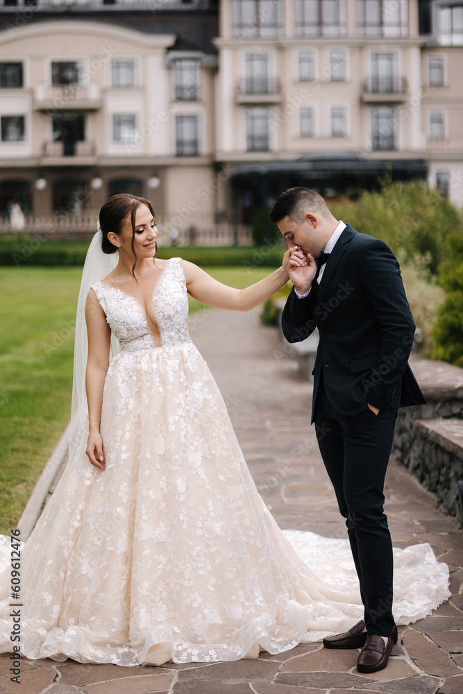 Happy newlyweds hold hands and walk around the reserve. Gorgeous wedding couple of groom and bride smile Happy newlyweds hold hands and walk around the reserve. Gorgeous wedding couple of groom and bride smile