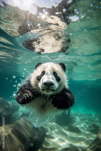 Kleiner Panda schwimmt unter Wasser in einem kristallklaren Fluss, verspielt und niedlich