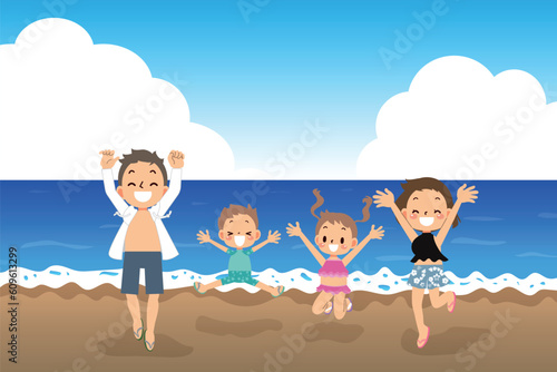 水着の家族4人でみんなでジャンプ