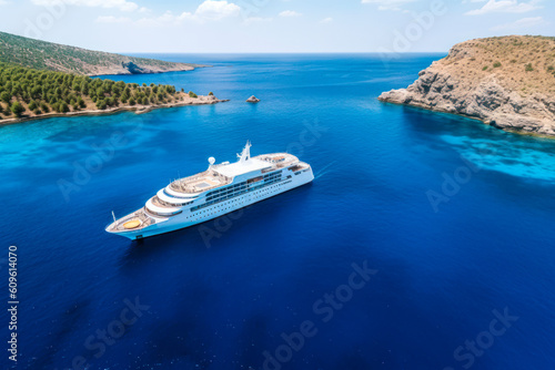 sea trip cruise ship in the blue ocean lagoon . generative ai © Poter