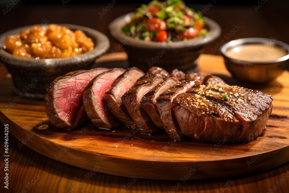Picanha steak. juicy and tender meat. steak skillfully sliced. revealing its succulent texture. generative ai