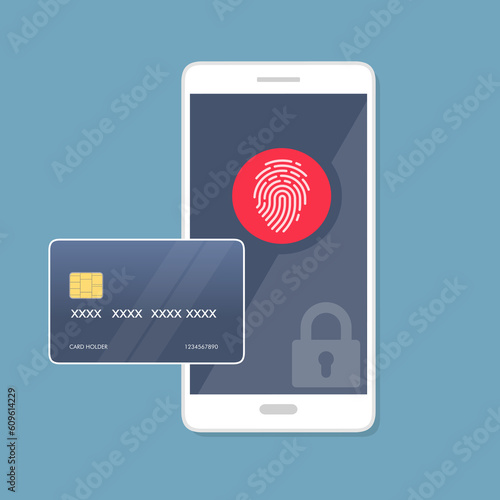 Protezione della sicurezza tramite impronta digitale touch o identificazione personale del laptop del computer, MOBILE, ID privacy del pc piatto identifica l'icona di accesso alla stampa credit card photo