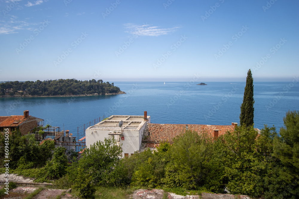 panorama view of the old town of Rovinj, Croatia with red roofs and clear blue sea and a clear blue sky