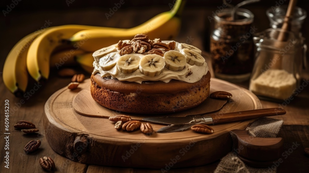 sweet brown chocolate banana cake with cream cheese with banana slices on it blur background sweet brown chocolate banana cake with cream cheese with banana slices on it blur background