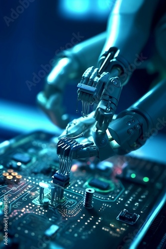 Tech Marvel: Exquisite Detailing and Light Background Showcase the Crafted Brilliance of a Robot Arm Working on a Graphics Card - Created using generative AI