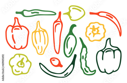 Illustration of different varieties of pepper vegetables