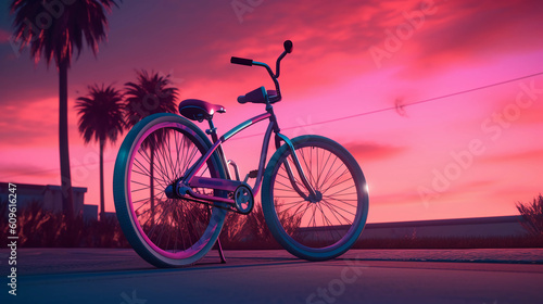 Riding into Retro: Classic BMX Bike Illuminated by Vibrant Sunset and Neon Arcade Lights, Embodying the Nostalgic Retrowave Aesthetic