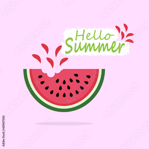 Juicy slice of watermelon and hello summer inscription. An element for the design of posters, greeting cards, T-shirts. Vector illustration