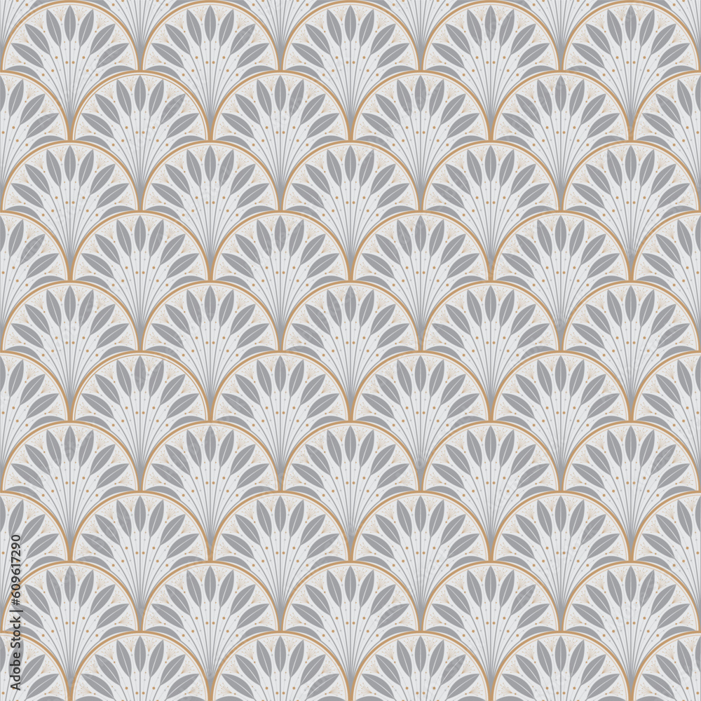 Vector art deco seamless pattern. Design fish scales with fan-shaped foliage pattern. Beautiful vintage background
