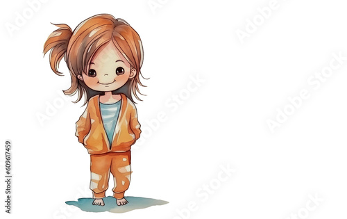 Cute red-haired girl in pajamas and barefoot on a white background with space for text. Child in orange suit, watercolor texture. Design for cover, postcard, invitation. AI generated.