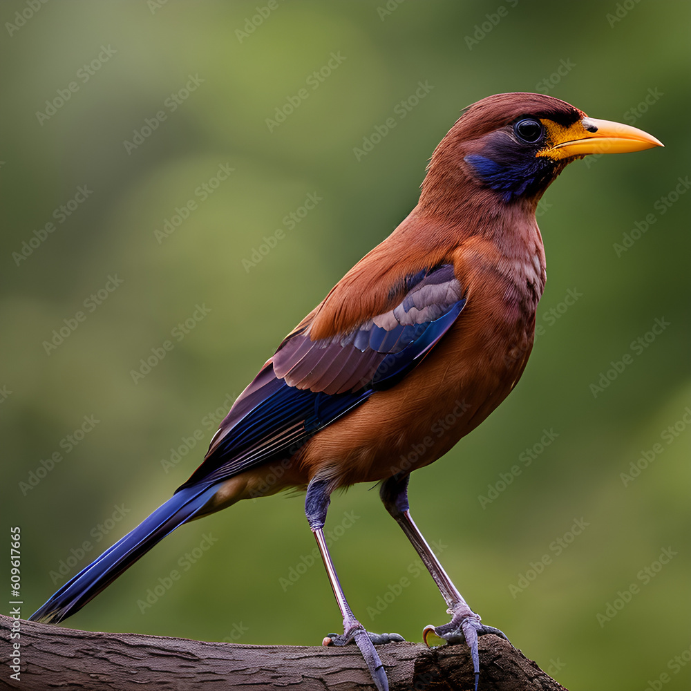 Fototapeta premium Generative AI, Generative, AI, IA, generativa, IA generativa, Pájaro marrón con cola azul y pico anaranjado posado en un tronco de árbol 