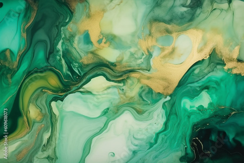 Abstract green, white and gold alcohol ink art background. Generative AI illustration