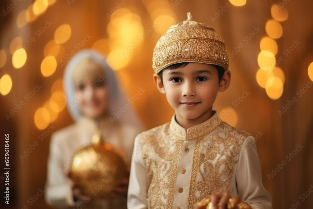 Children wearing traditional attire with Islamic New Year decorations in the background, Islamic New Year, bokeh Generative AI