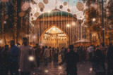 Mosque courtyard filled with people celebrating Islamic New Year, Islamic New Year, bokeh Generative AI