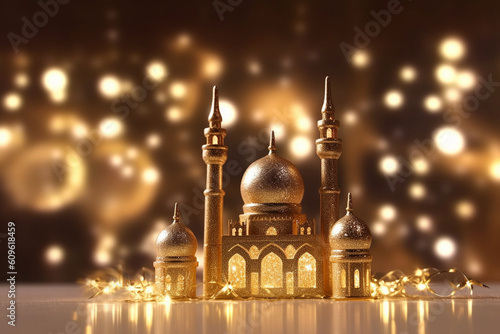 Silhouette of a mosque with Islamic New Year decorations and bokeh lights, Islamic New Year, bokeh Generative AI