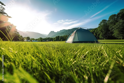 Adventure  tents and cars in the park forest. Outdoor landscape in the morning