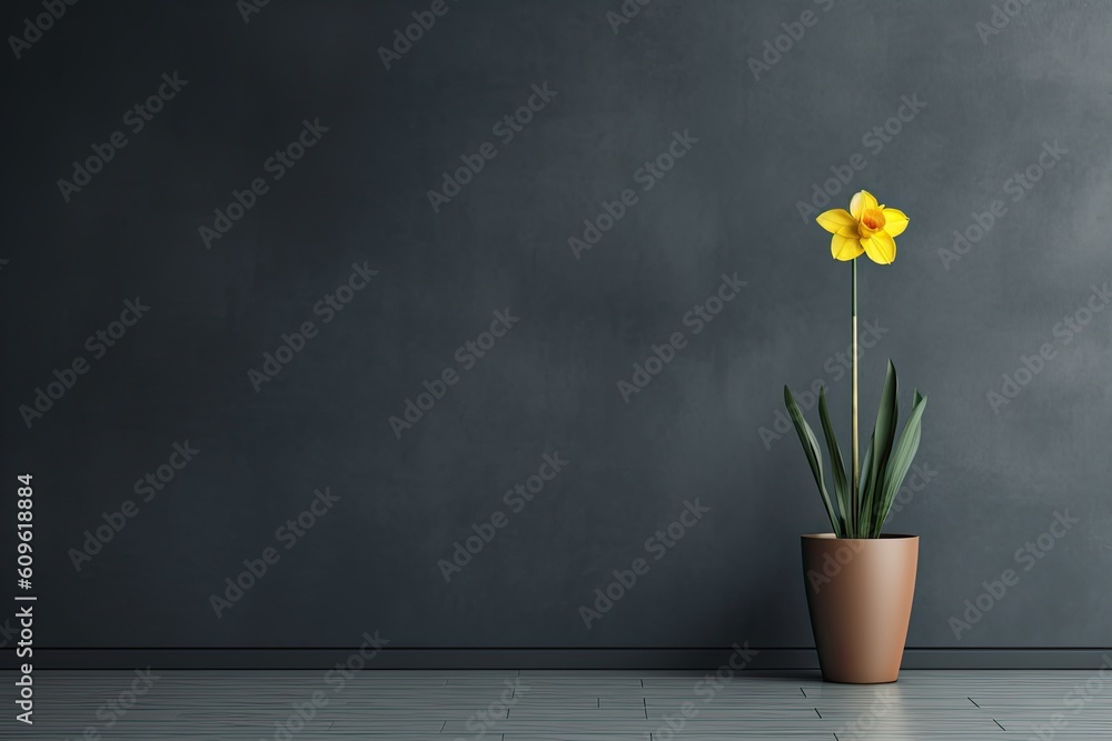 0334. Daffodil plant in front of dark wall. Generative AI 0334. Daffodil plant in front of dark wall. Generative AI