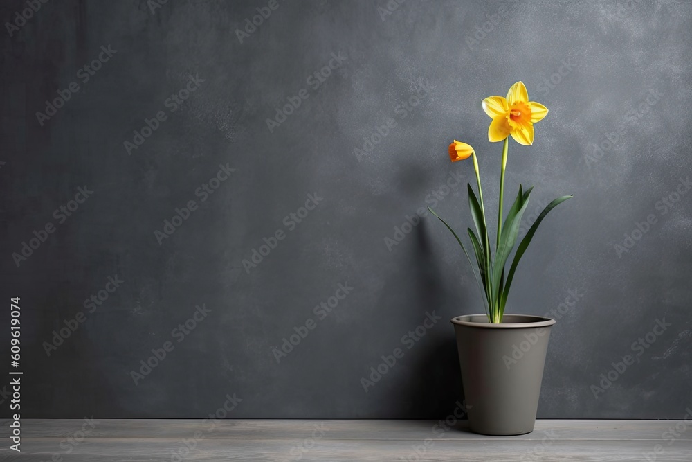0335. Daffodil plant in front of dark wall. Generative AI 0335. Daffodil plant in front of dark wall. Generative AI