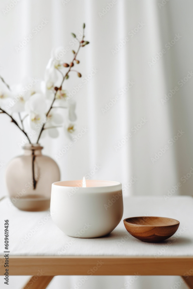 A scented candle on a white table with vases on a modern minimalist background. AI generative A scented candle on a white table with vases on a modern minimalist background. AI generative