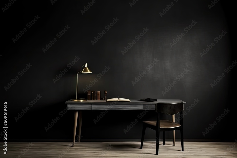 Fototapeta premium 0341. Desk in front of dark wall. Generative AI