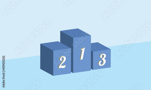 Blue square podium background template copy space. Number 1, 2, and 3 isometric stage design concept.