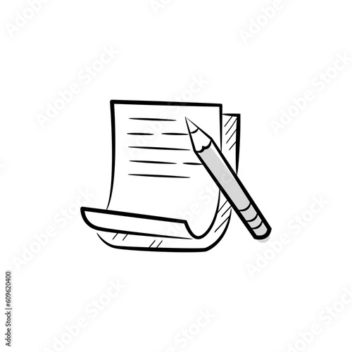 Text, notes, copywriter, writer, manuscript, pencil, proofreader, review. Cute vector icon in doodle style. photo