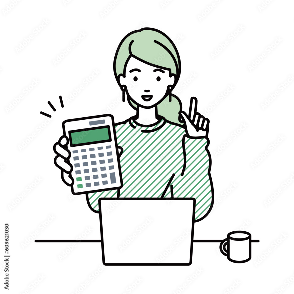 座ってデスクでノートPCを開いて電卓を指差してこちらに向けて見せているスウェットの女性 座ってデスクでノートPCを開いて電卓を指差してこちらに向けて見せているスウェットの女性