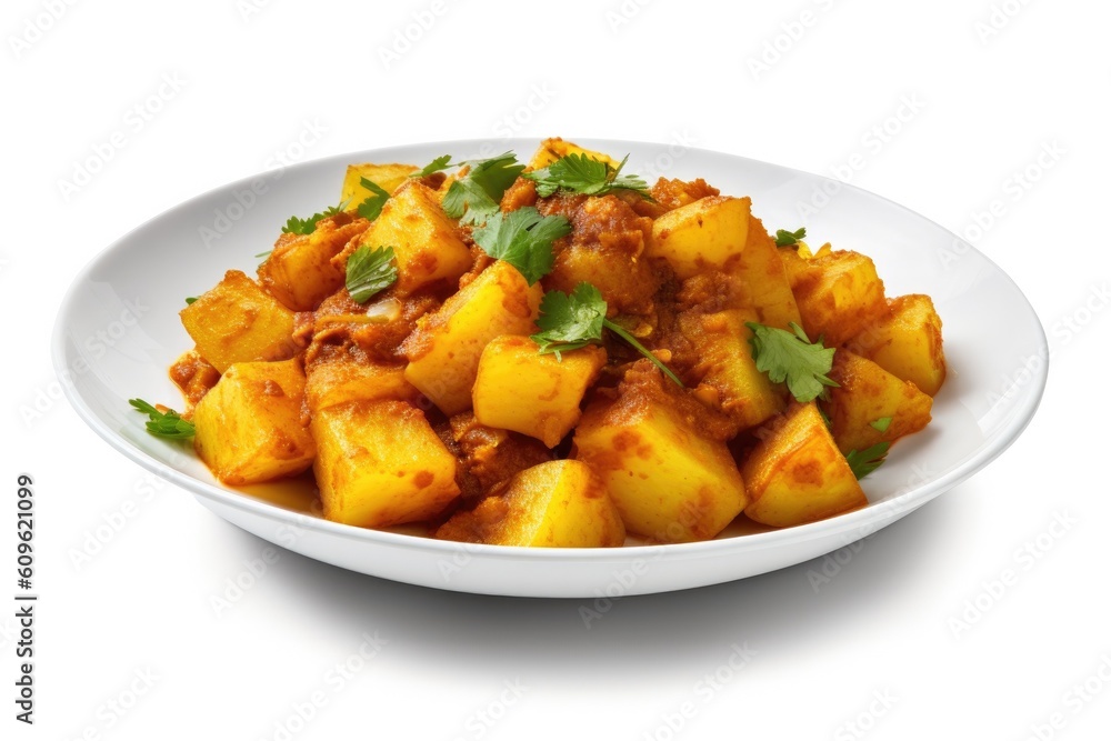 Delicious Plate of Indian Aloo Matar on a White Background. Generative AI
