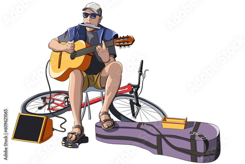 Street musician playing guitar, harmonica and tambourine isolated on white background.