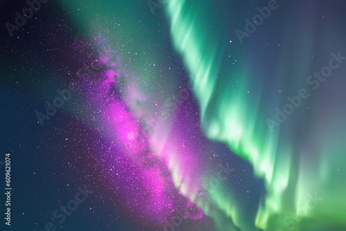 Night starry sky. Milky Way and Northern lights. Green aurora borealis