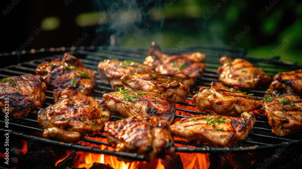 Savory Grilled Chicken Thigh: BBQ Perfection , summer BBQ (Generative AI) - obrazy, fototapety, plakaty 