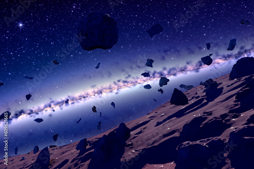Asteroid. Giant asteroid cruising near Planet Earth scenery or spacescape. Outer space landscape and astronomy 3D rendering illustration. International Asteroid Day 2023. June, 30. Asteroid Belt.