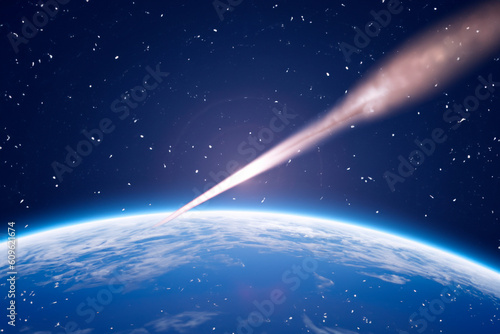 Asteroid. Giant asteroid cruising near Planet Earth scenery or spacescape. Outer space landscape and astronomy 3D rendering illustration. International Asteroid Day 2023. June, 30. Asteroid Belt.
